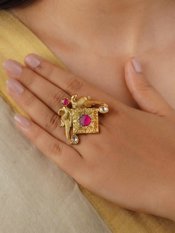TJ-R62WP - Pink Color Gold Plated Thappa Jadau Kundan Ring