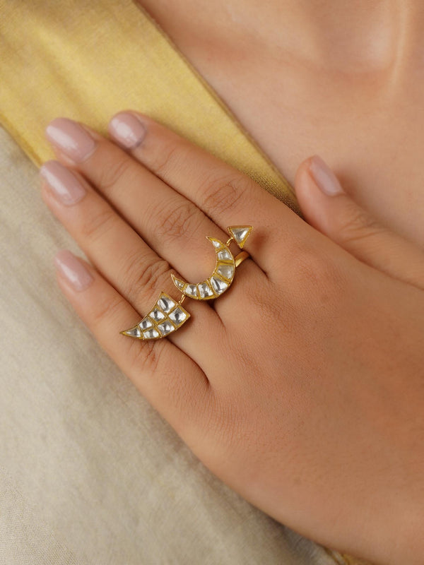 TJ-R64 - White Color Gold Plated Thappa Jadau Kundan Ring