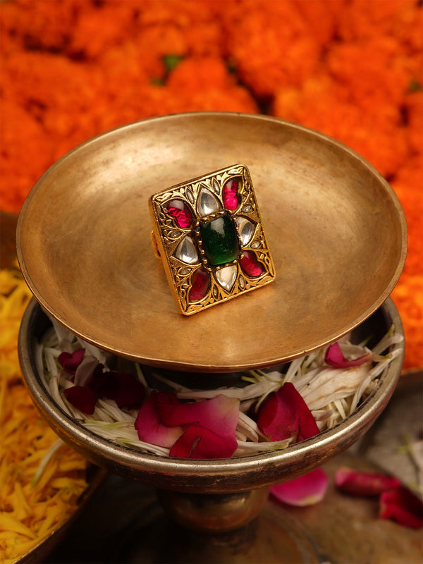 Multicolor Gold Plated Thappa Jadau Kundan Ring - TJ-R65M