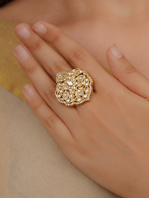 Gold Plated Thappa Jadau Kundan Ring - TJ-R71