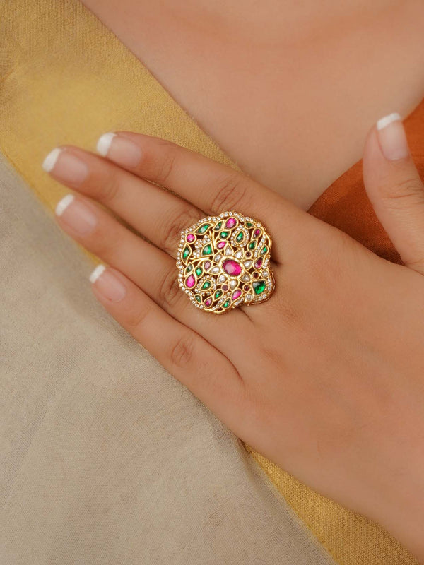Gold Plated Thappa Jadau Kundan Ring - TJ-R71