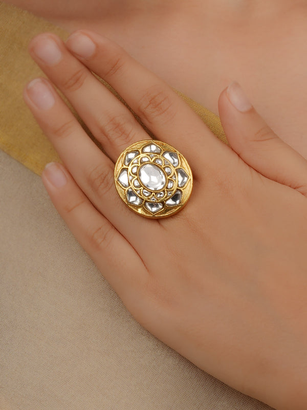 Gold Plated Thappa Jadau Kundan Ring - TJ-R74