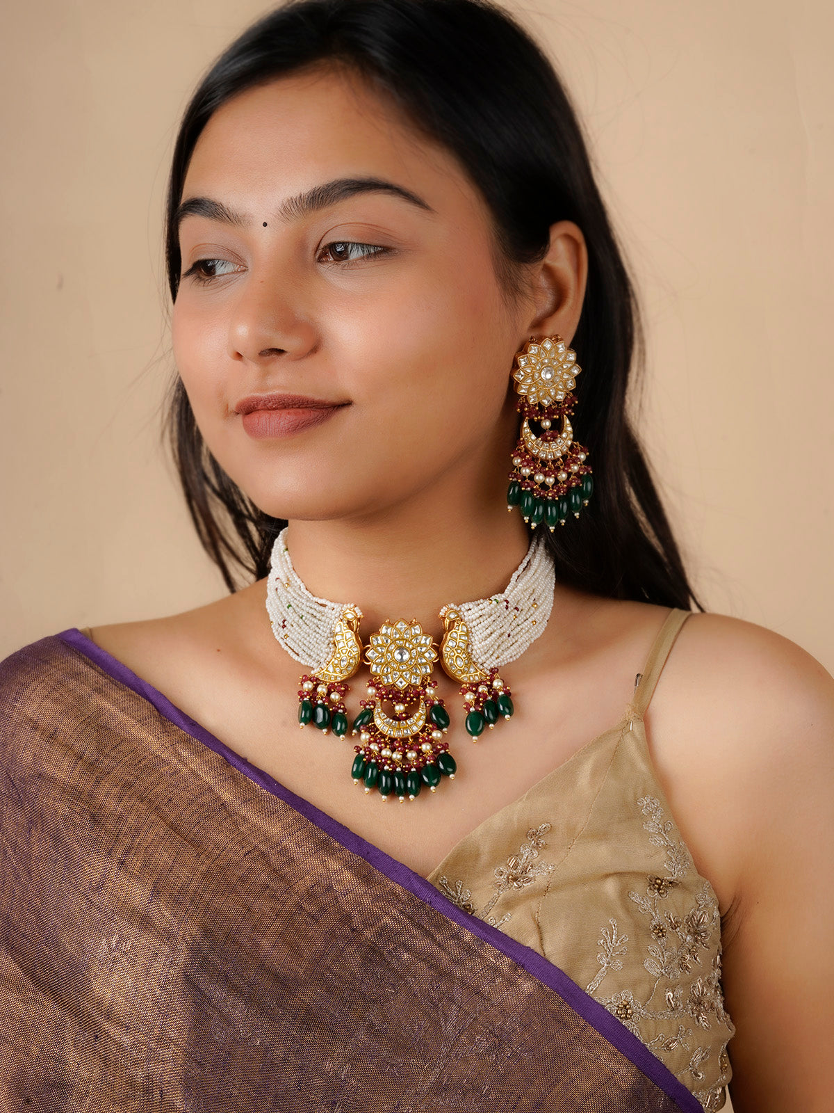 TJ-S101 - Multicolor Gold Plated Thappa Jadau Kundan Necklace Set
