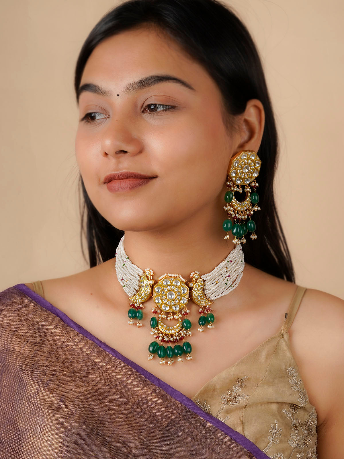 TJ-S102 - Multicolor Gold Plated Thappa Jadau Kundan Necklace Set
