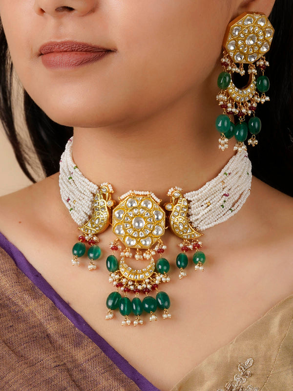 TJ-S102 - Multicolor Gold Plated Thappa Jadau Kundan Necklace Set