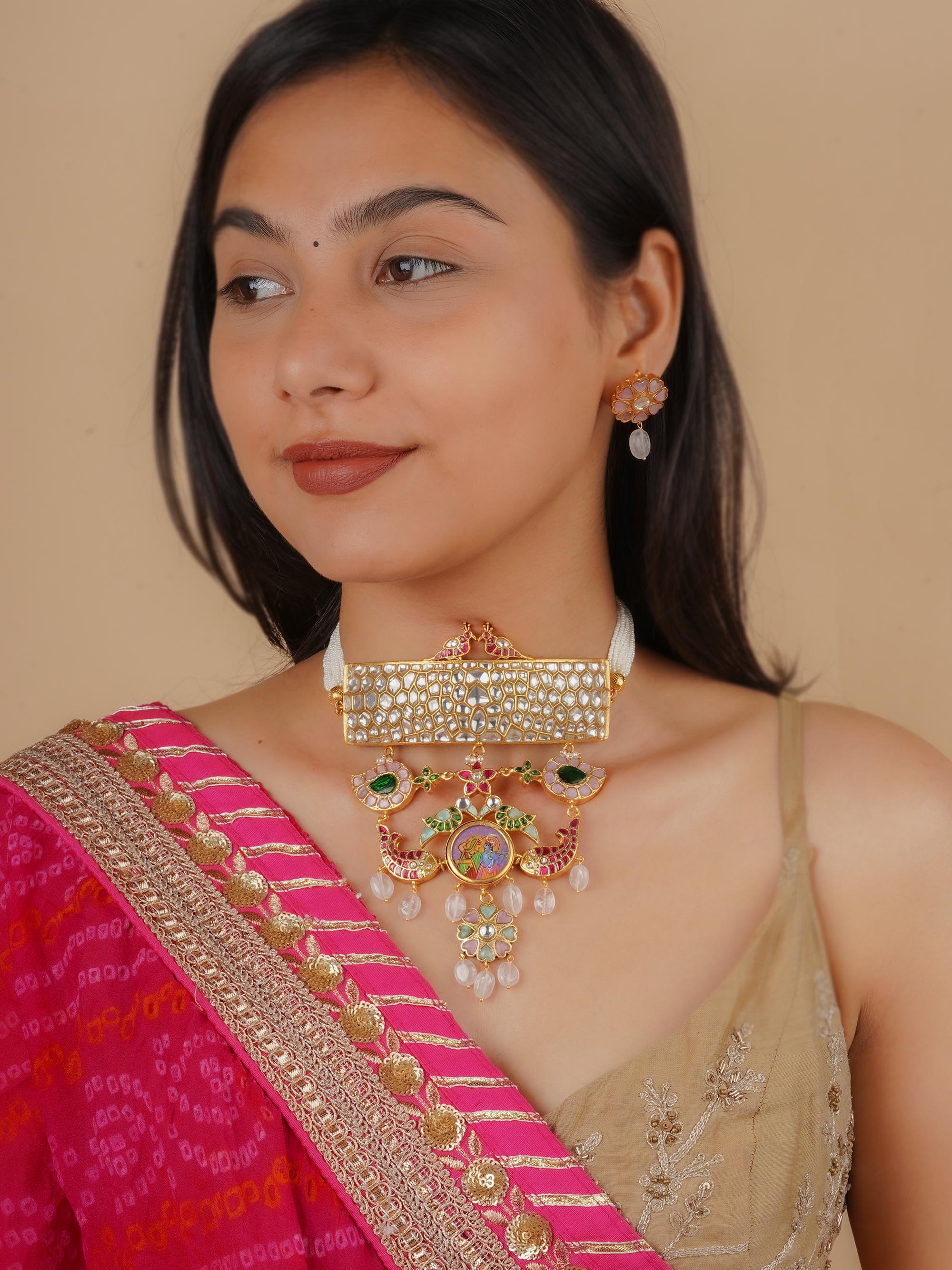 TJ-S110M - Multicolor Gold Plated Thappa Jadau Kundan Necklace Set