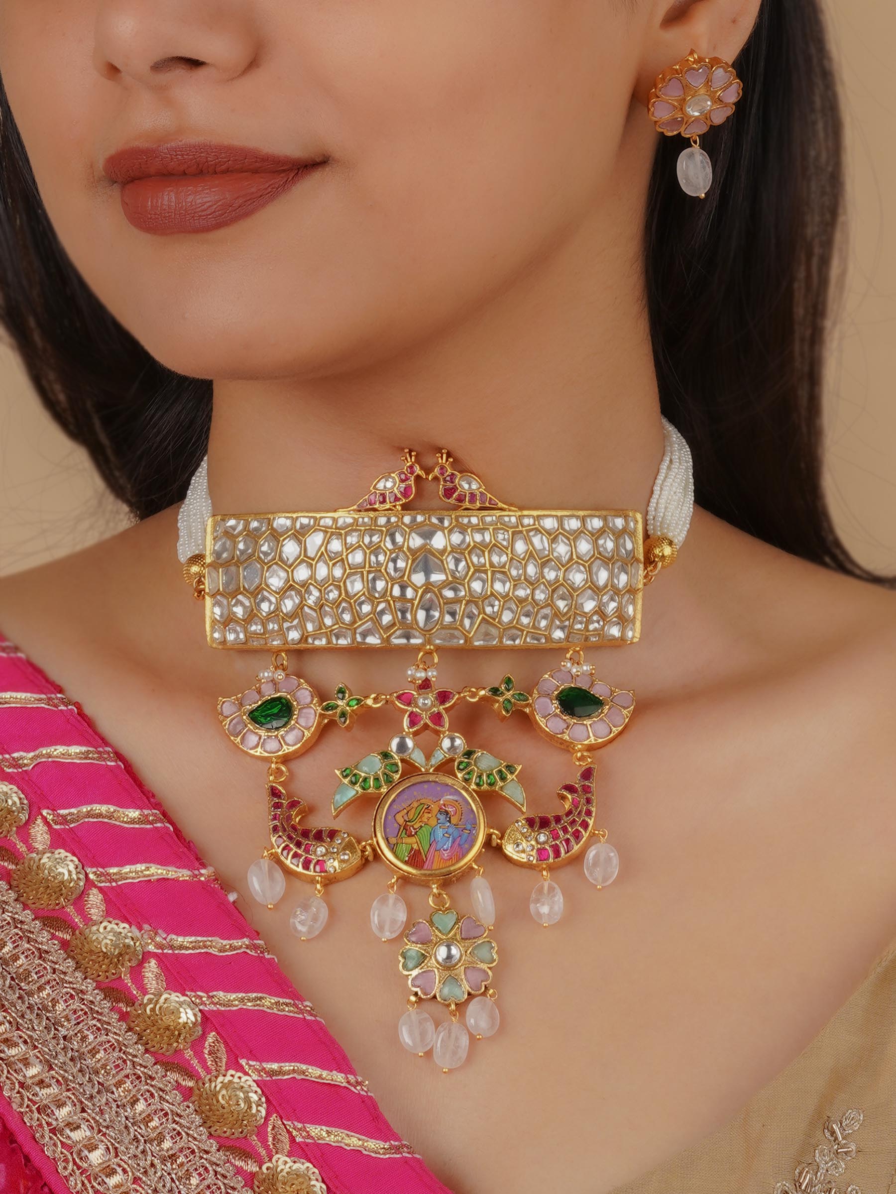 TJ-S110M - Multicolor Gold Plated Thappa Jadau Kundan Necklace Set