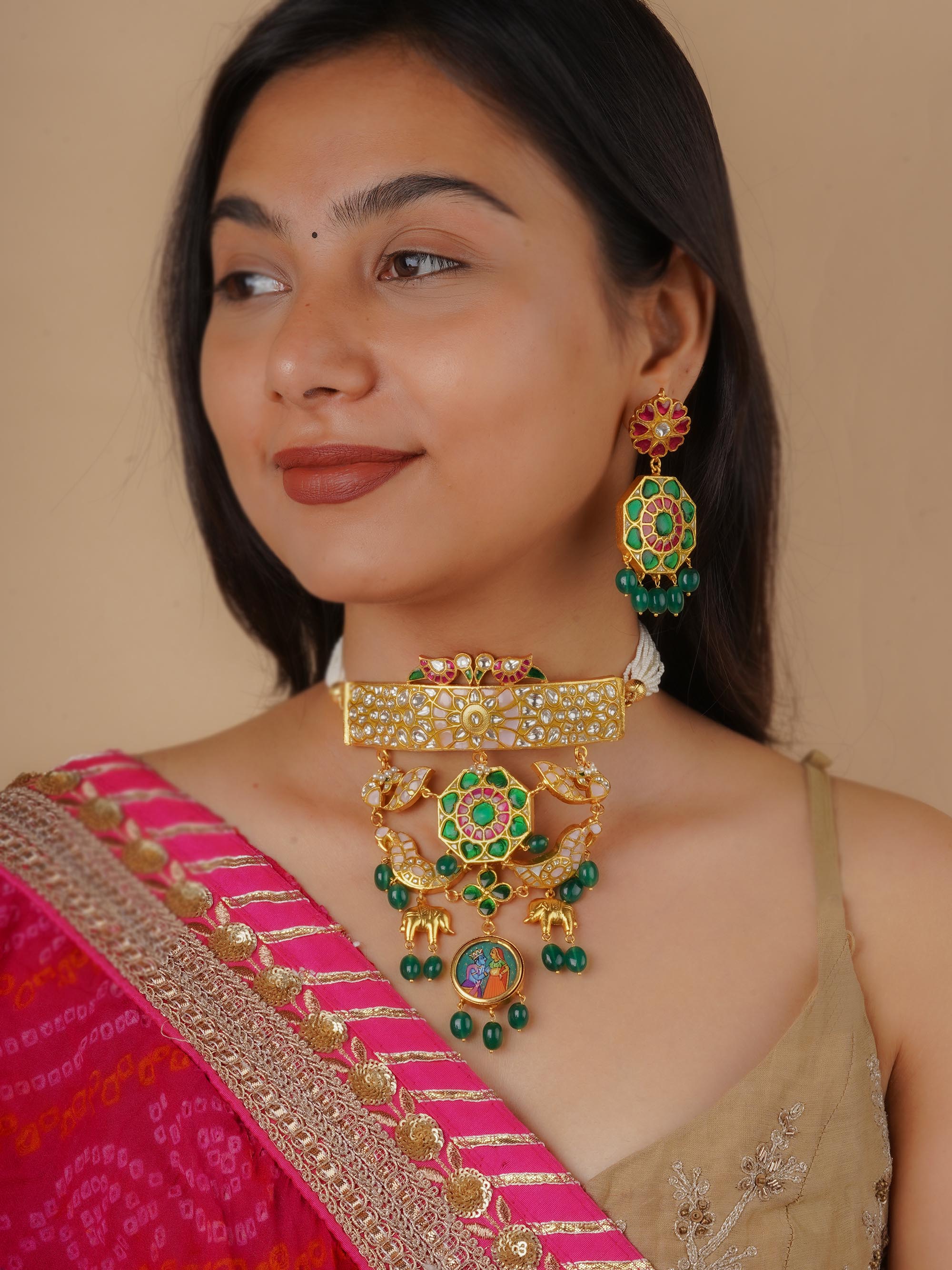 TJ-S112M - Multicolor Gold Plated Thappa Jadau Kundan Necklace Set