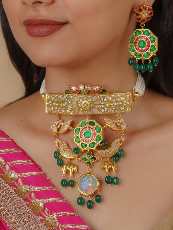 TJ-S112M - Multicolor Gold Plated Thappa Jadau Kundan Necklace Set