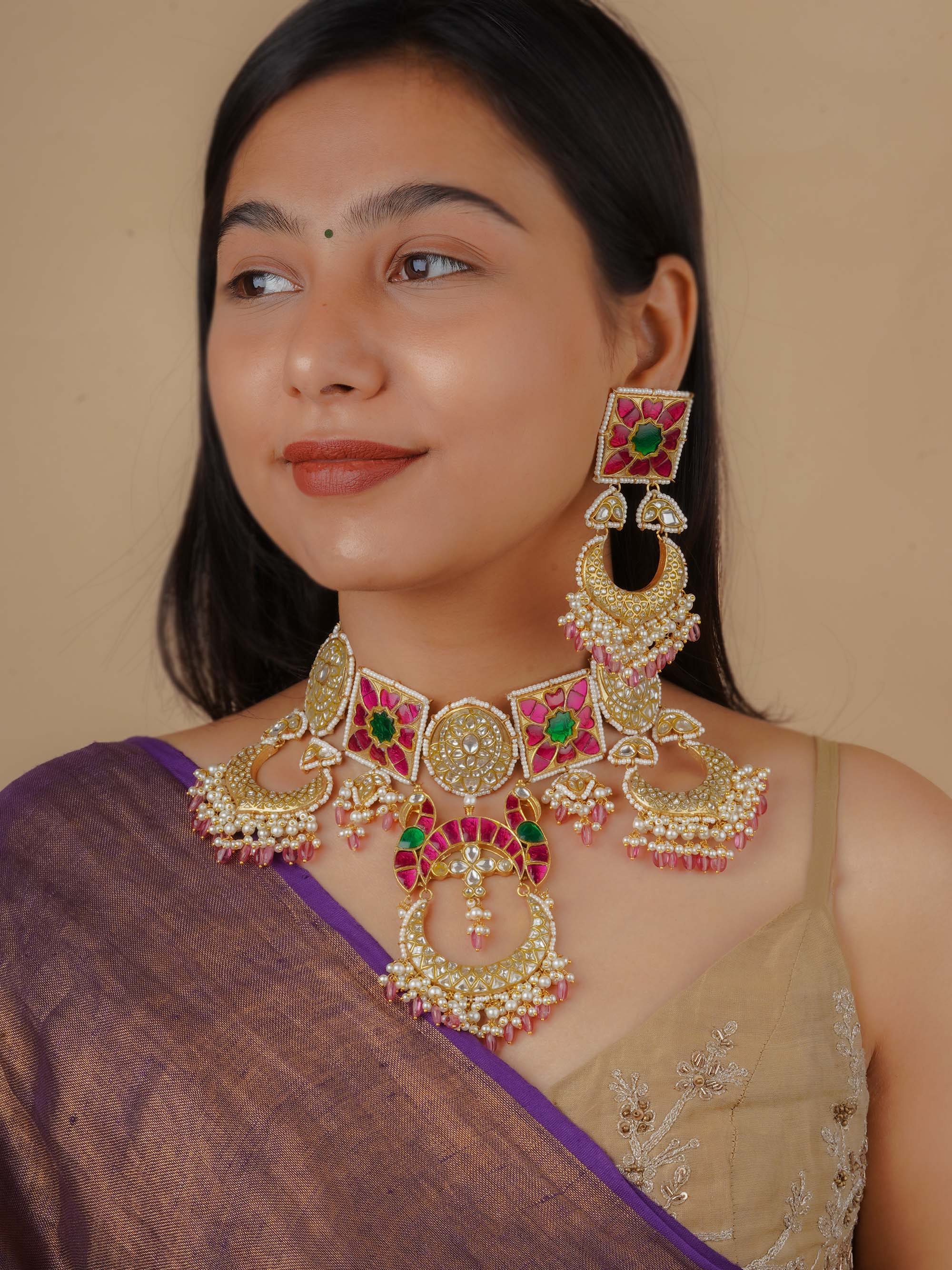 TJ-S114M - Multicolor Gold Plated Thappa Jadau Kundan Bridal Necklace Set