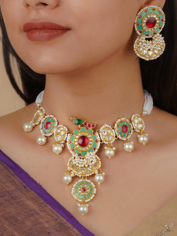 TJ-S115M - Multicolor Gold Plated Thappa Jadau Kundan Bridal Necklace Set