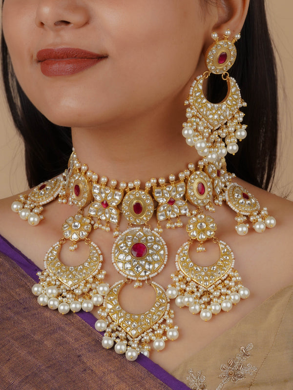 TJ-S116WP - Pink Color Gold Plated Thappa Jadau Kundan Bridal Necklace Set