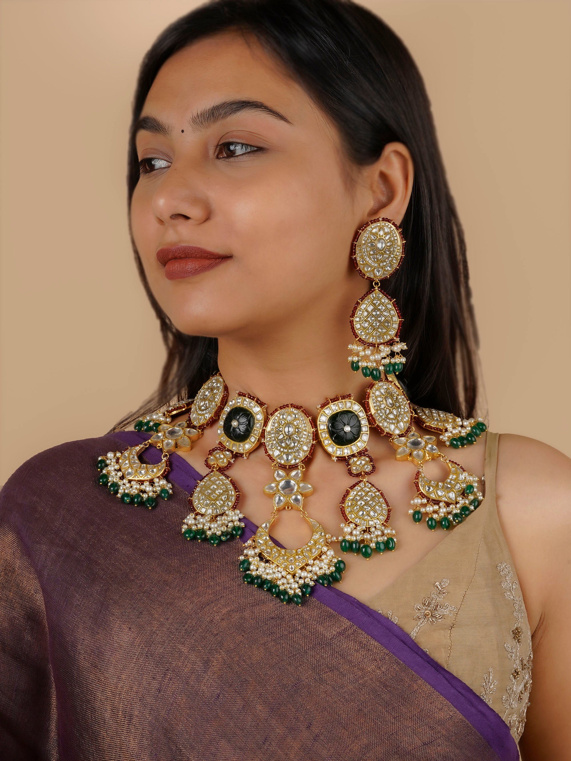 TJ-S117 - Green Color Gold Plated Thappa Jadau Kundan Bridal Necklace Set