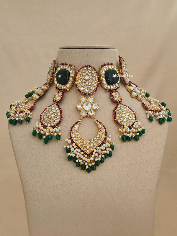 TJ-S117 - Multicolor Bridal Thappa Jadau Kundan Medium Necklace Set