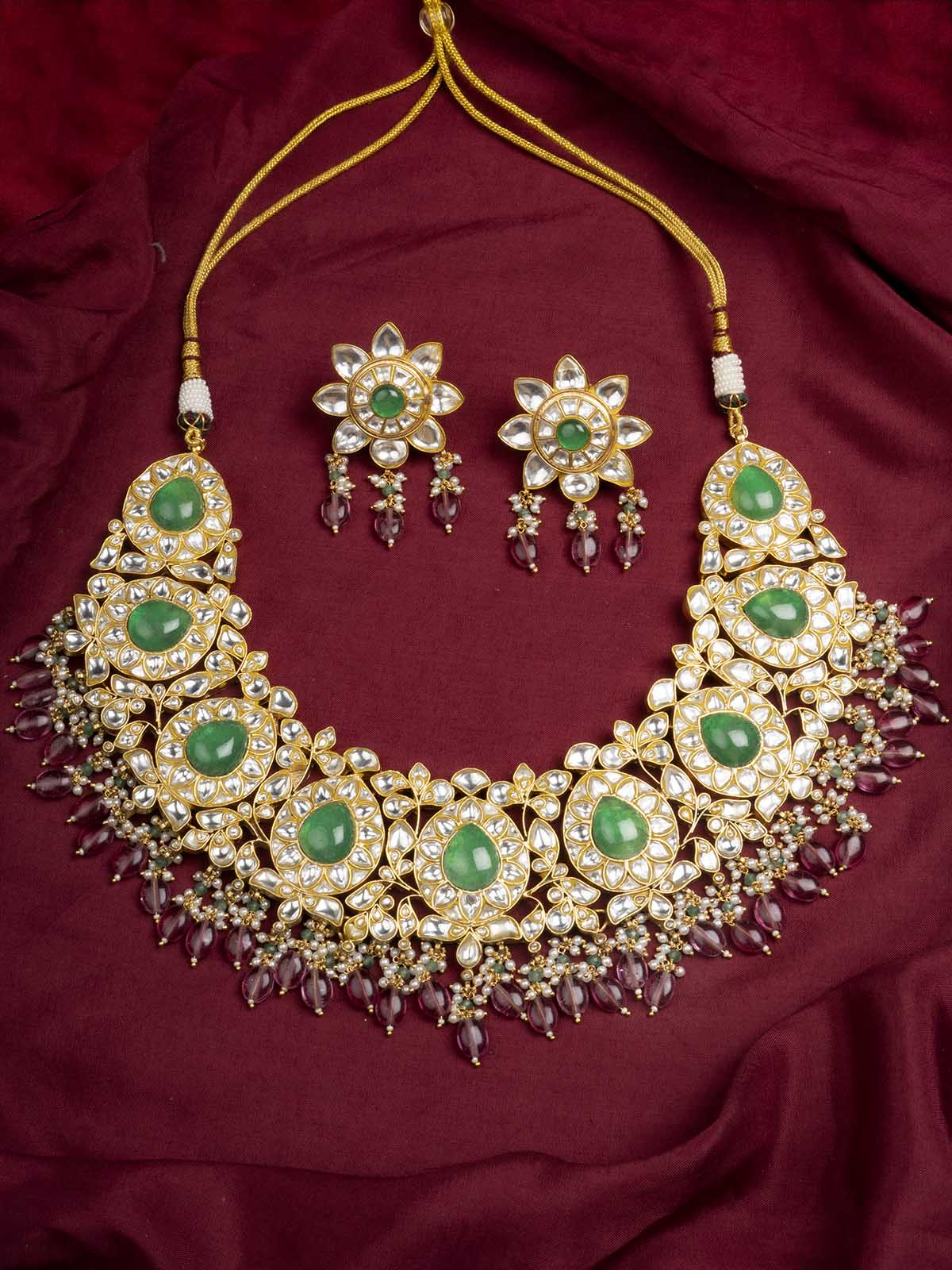 TJ-S119 - Pink Color Bridal Thappa Jadau Kundan Medium Choker Necklace Set