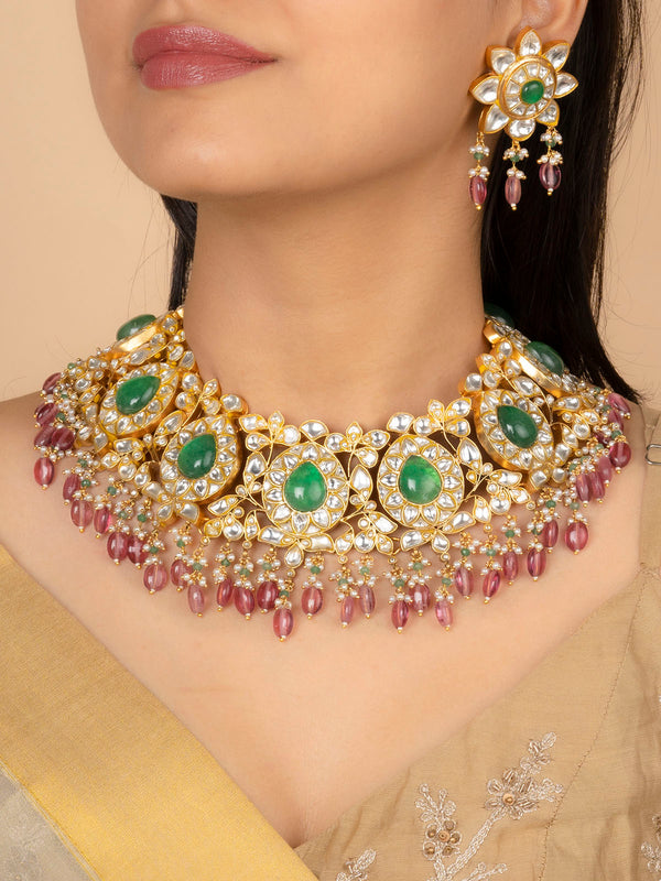 TJ-S119 - Pink Color Bridal Thappa Jadau Kundan Medium Choker Necklace Set