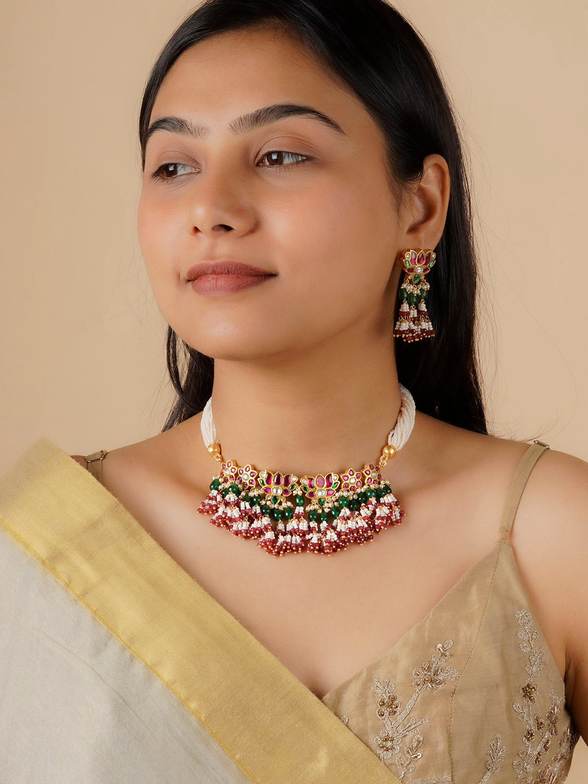 TJ-S120M - Multicolor Gold Plated Thappa Jadau Kundan Necklace Set