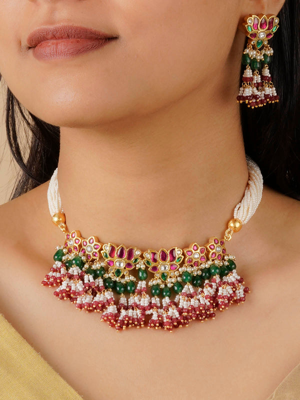 TJ-S120M - Multicolor Gold Plated Thappa Jadau Kundan Necklace Set