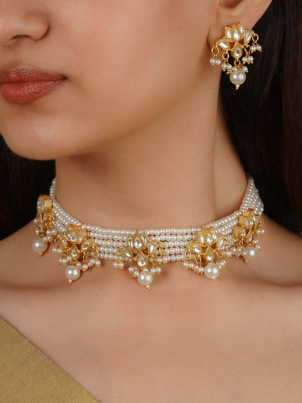 TJ-S122 - White Color Gold Plated Thappa Jadau Kundan Necklace Set
