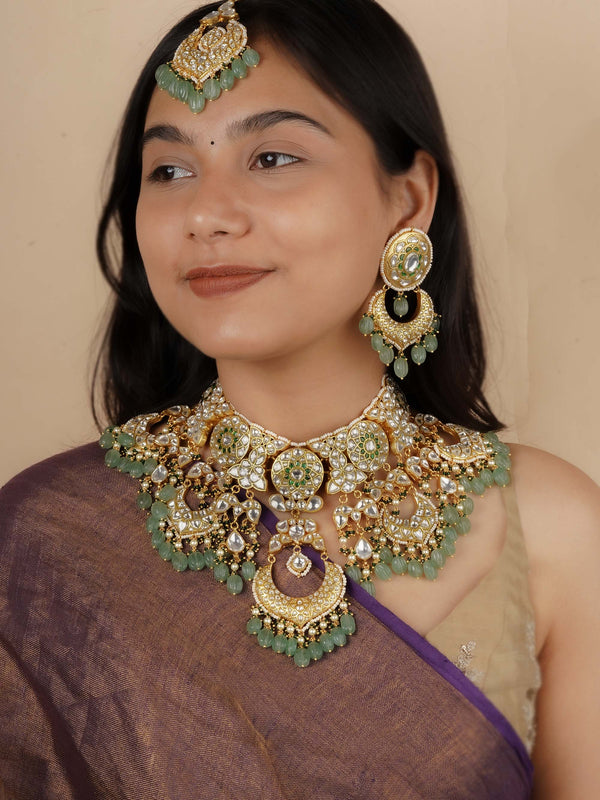 TJ-S123 - Green Color Gold Plated Thappa Jadau Kundan Bridal Necklace Set