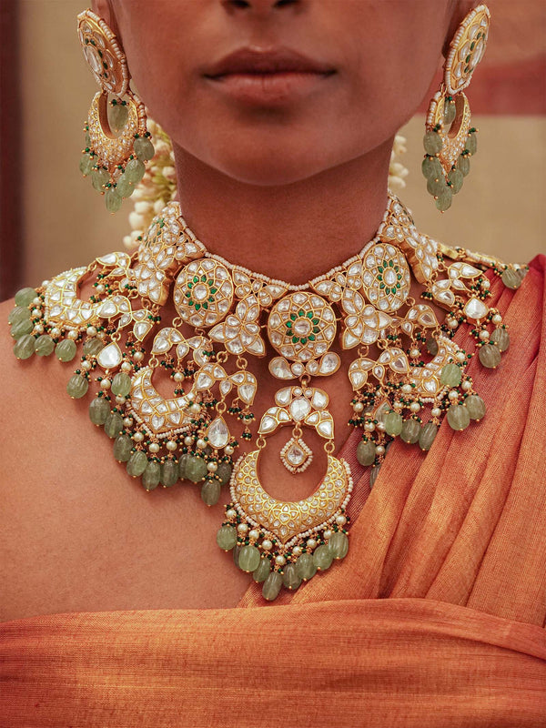 Green Color Gold Plated Thappa Jadau Kundan Bridal Necklace Set - TJ-S123