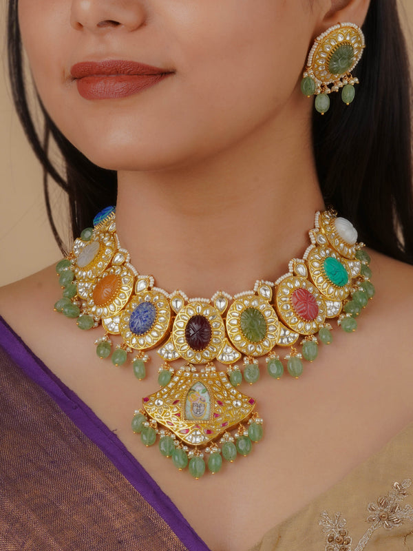 TJ-S125 - Navratna Gold Plated Thappa Jadau Kundan Necklace Set