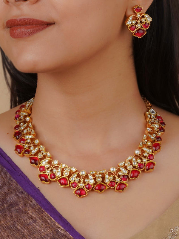TJ-S128WR - Red Color Gold Plated Thappa Jadau Kundan Necklace Set