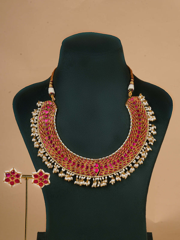 TJ-S129 - Gold Plated Thappa Jadau Kundan Necklace Set