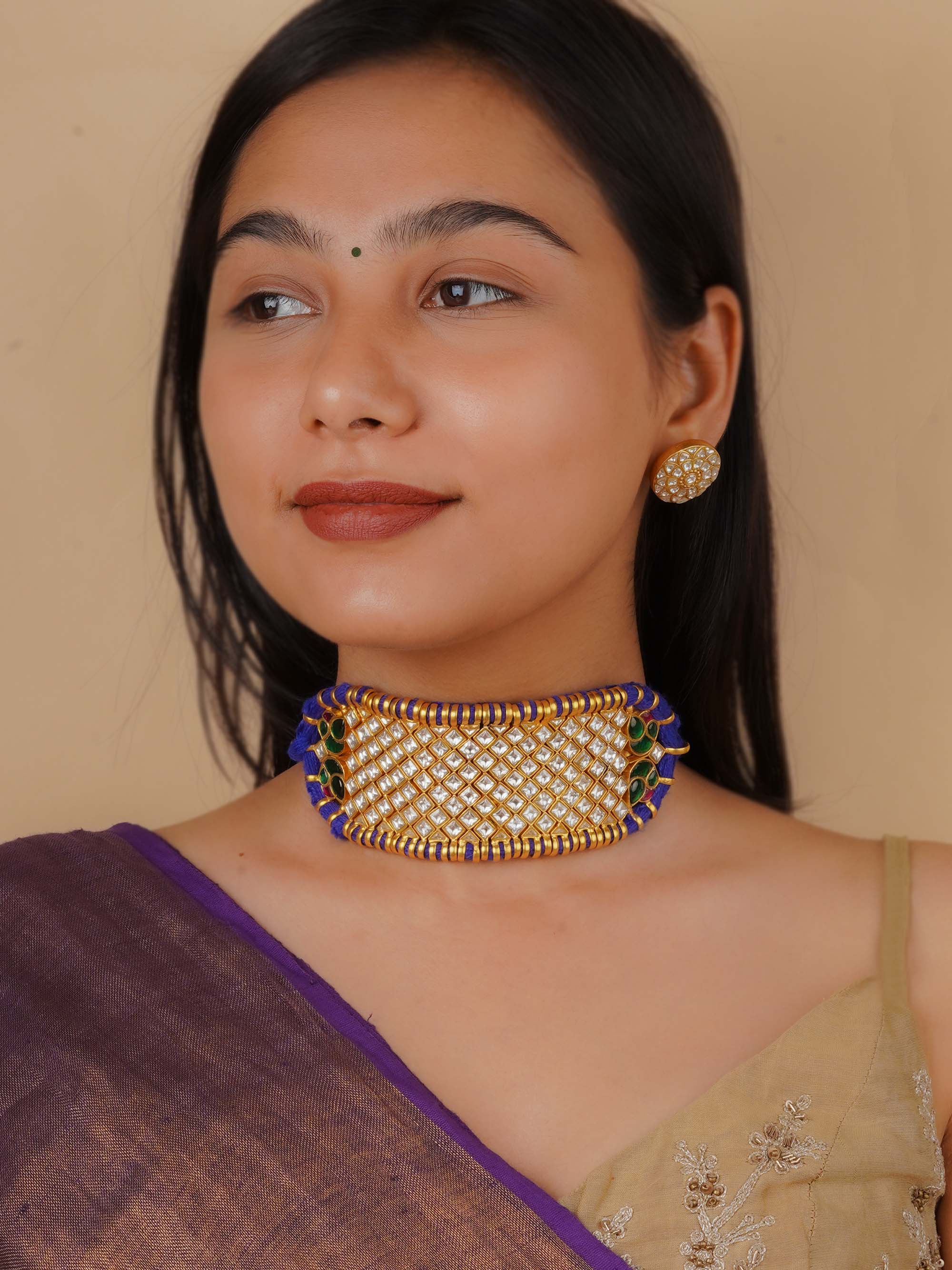 TJ-S130 - Multicolor Gold Plated Thappa Jadau Kundan Necklace Set