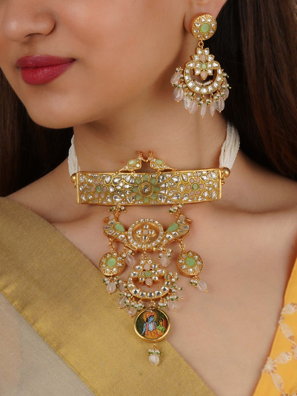 TJ-S133M - Multicolor Gold Plated Thappa Jadau Kundan Necklace Set