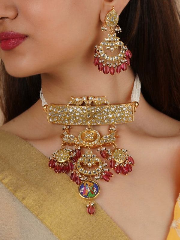 TJ-S133WA - Pink Color Gold Plated Thappa Jadau Kundan Necklace Set