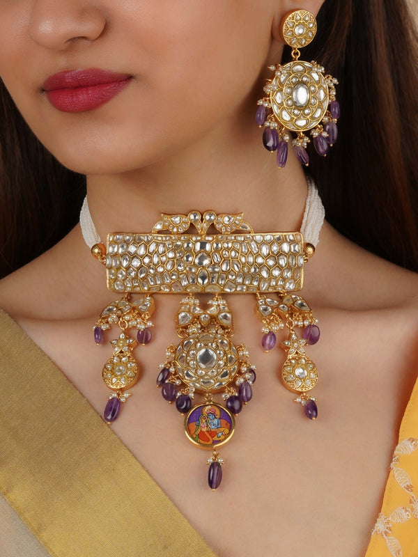 TJ-S133WC - Purple Color Gold Plated Thappa Jadau Kundan Necklace Set