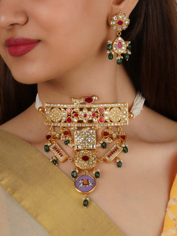 TJ-S133WPB - Pink Color Gold Plated Thappa Jadau Kundan Necklace Set