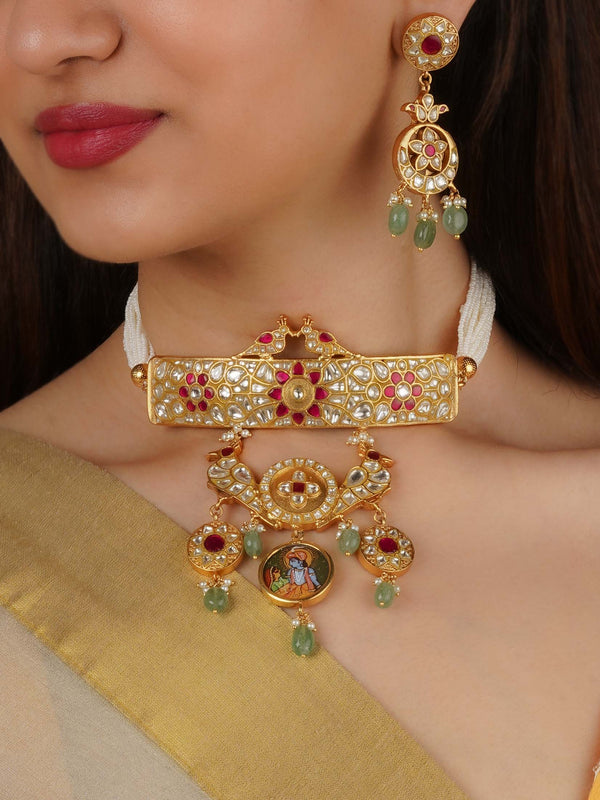 TJ-S133WP - Pink Color Gold Plated Thappa Jadau Kundan Necklace Set