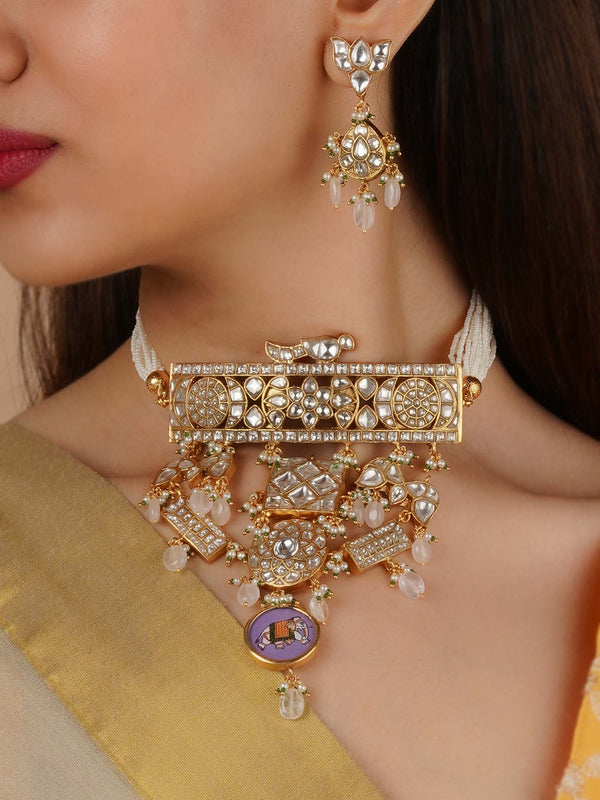 TJ-S133W - White Color Gold Plated Thappa Jadau Kundan Necklace Set