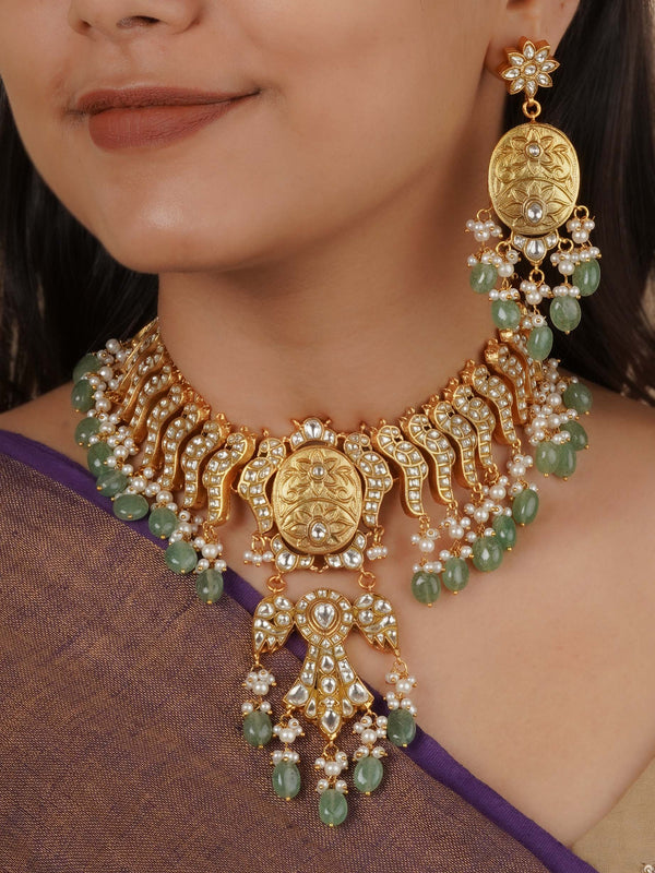 TJ-S134 - Green Color Gold Plated Thappa Jadau Kundan Necklace Set