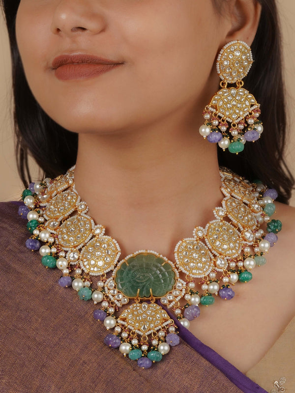 TJ-S142 - Green Color Gold Plated Thappa Jadau Kundan Necklace Set