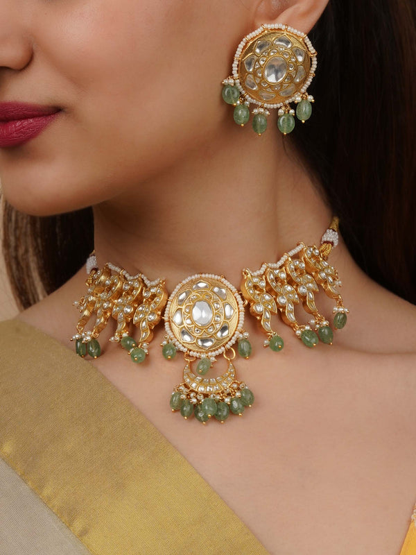 TJ-S144 - Green Color Gold Plated Thappa Jadau Kundan Necklace Set
