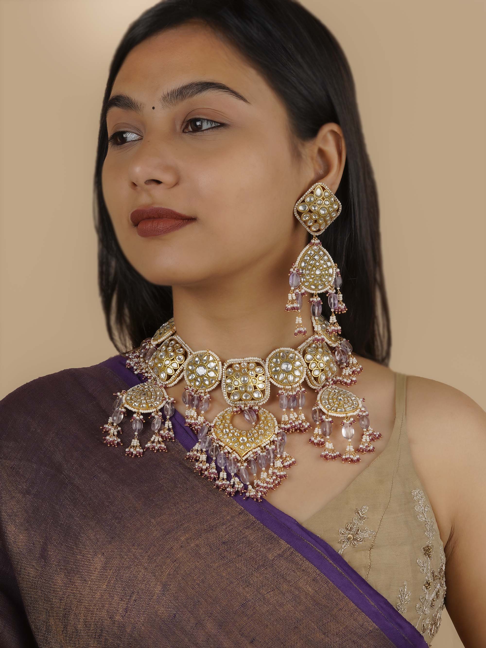 TJ-S15 - Multicolor Gold Plated Thappa Jadau Kundan Bridal Necklace Set