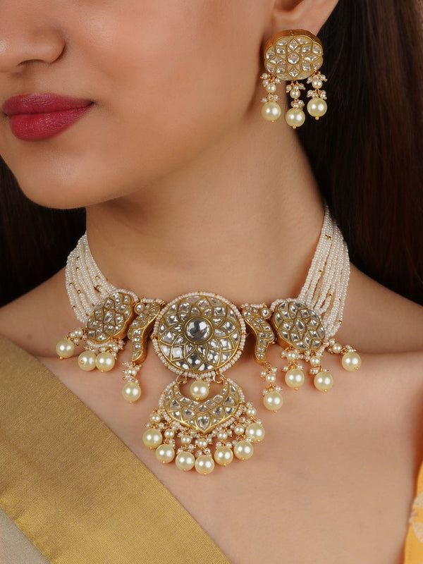 TJ-S16 - White Color Gold Plated Thappa Jadau Kundan Necklace Set