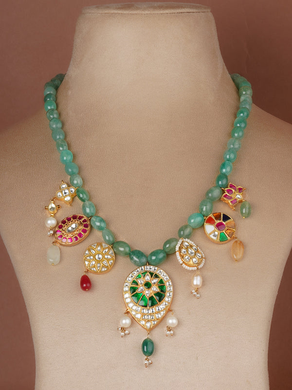 Navratna Gold Plated Thappa Jadau Kundan Necklace Set - TJ-S197N