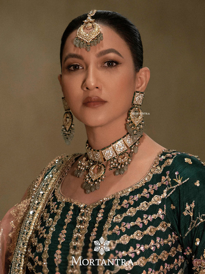 TJ-S2 - Green Color Bridal Thappa Jadau Kundan Medium Necklace Set