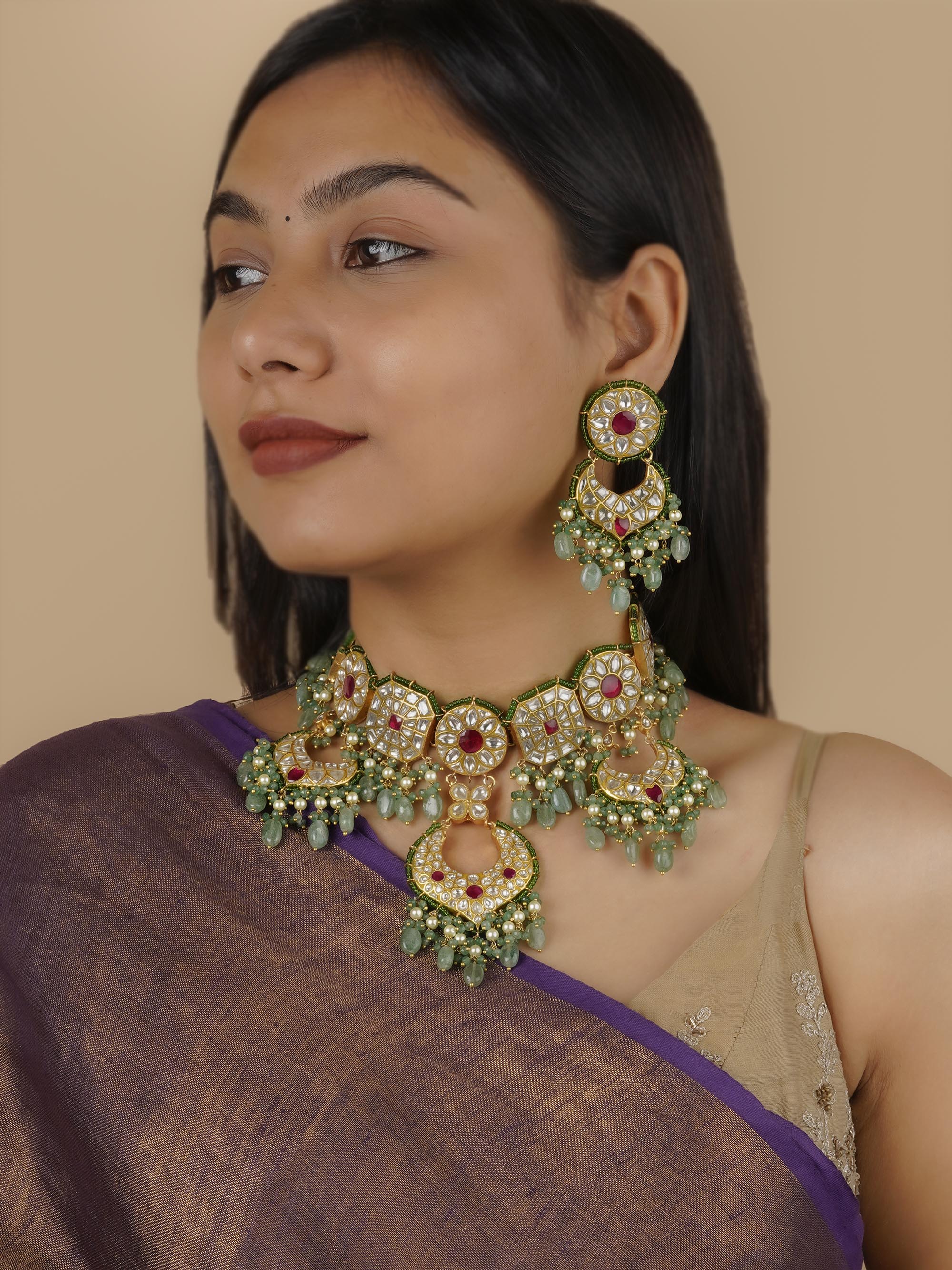 TJ-S22WP - Pink Color Gold Plated Thappa Jadau Kundan Necklace Set