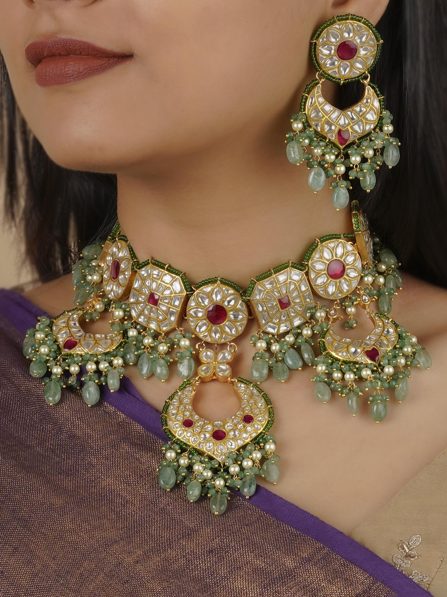 TJ-S22WP - Pink Color Gold Plated Thappa Jadau Kundan Necklace Set