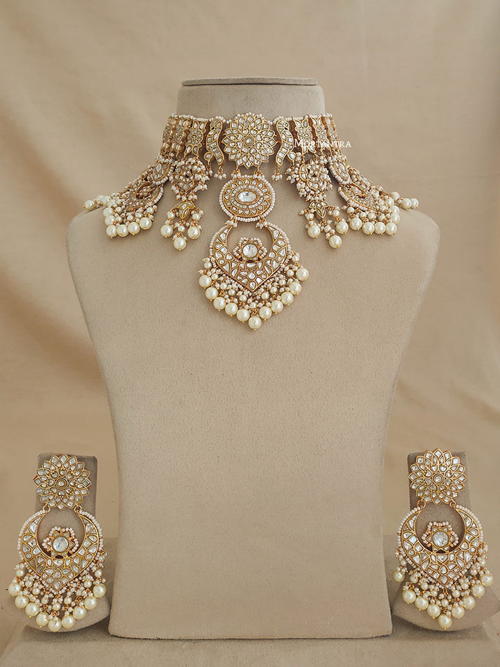 TJ-S24 - White Color Gold Plated Bridal Thappa Jadau Kundan Short Necklace Set