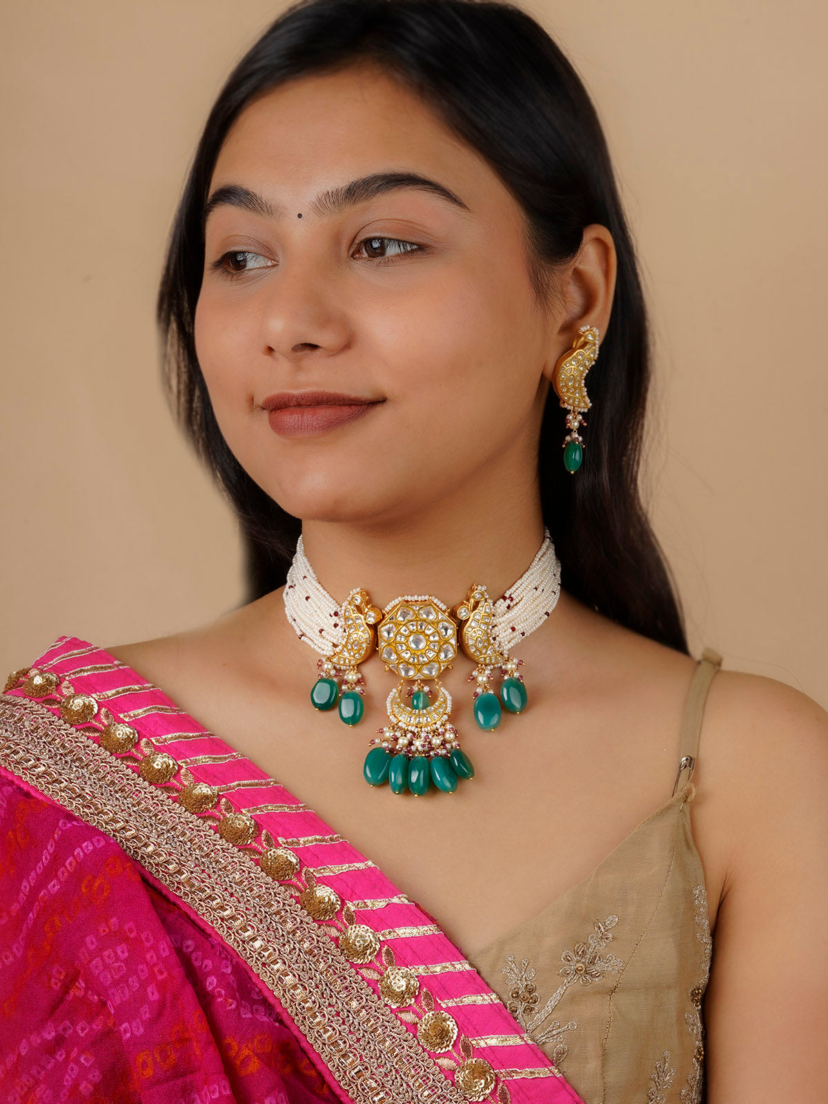 TJ-S30 - Multicolor Gold Plated Thappa Jadau Kundan Necklace Set