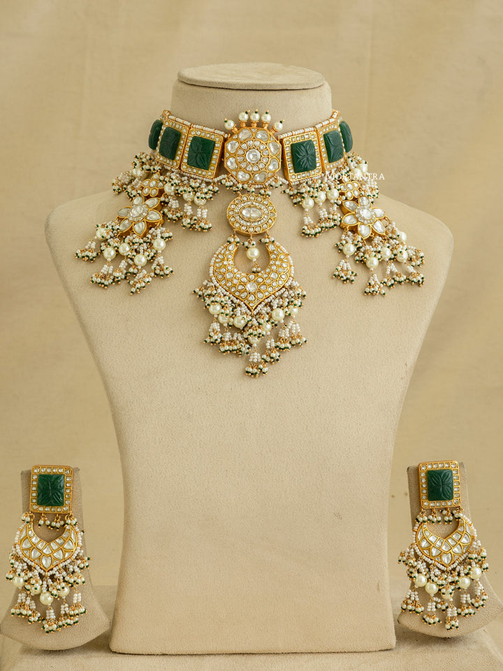 TJ-S38WGR - Green Color Bridal Thappa Jadau Kundan Choker Necklace Set