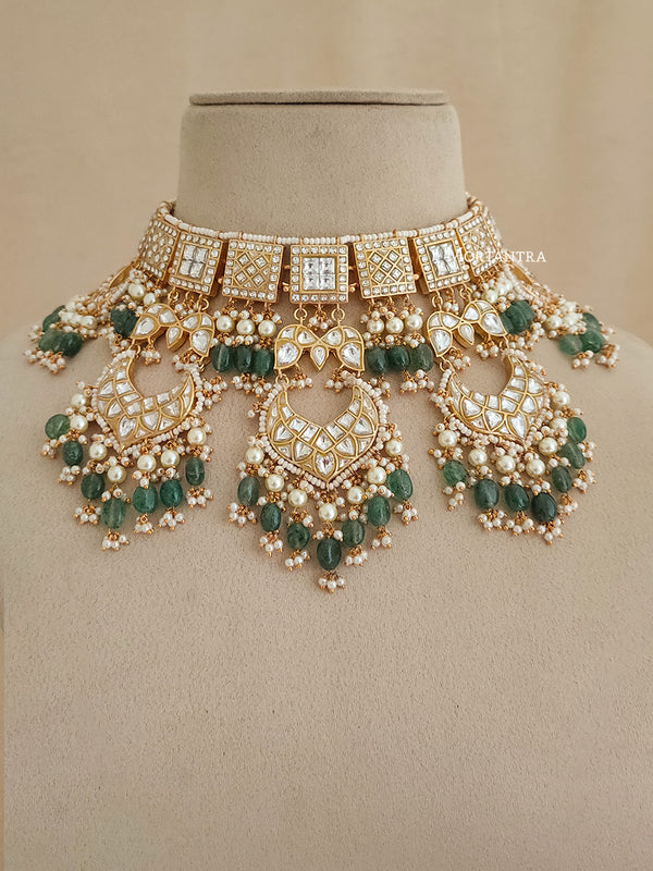 TJ-S41A - Green Color Bridal Thappa Jadau Kundan Medium Necklace Set