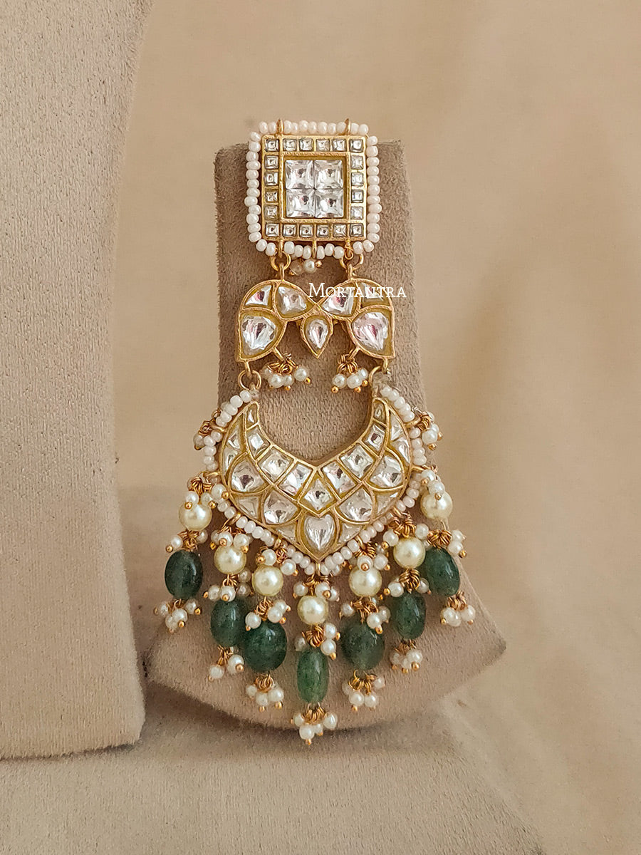 TJ-S41A - Green Color Bridal Thappa Jadau Kundan Medium Necklace Set