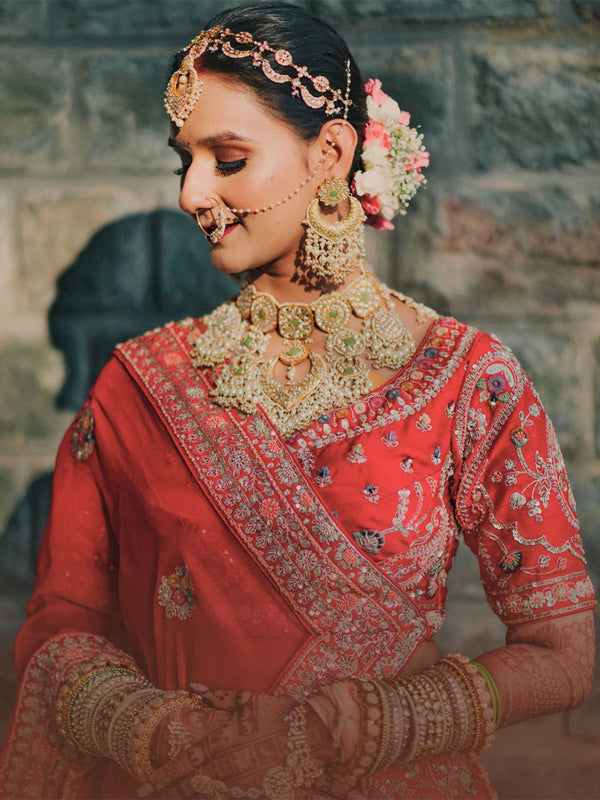 TJ-S43WLGR - Green Color Gold Plated Thappa Jadau Kundan Bridal Necklace Set - MTO